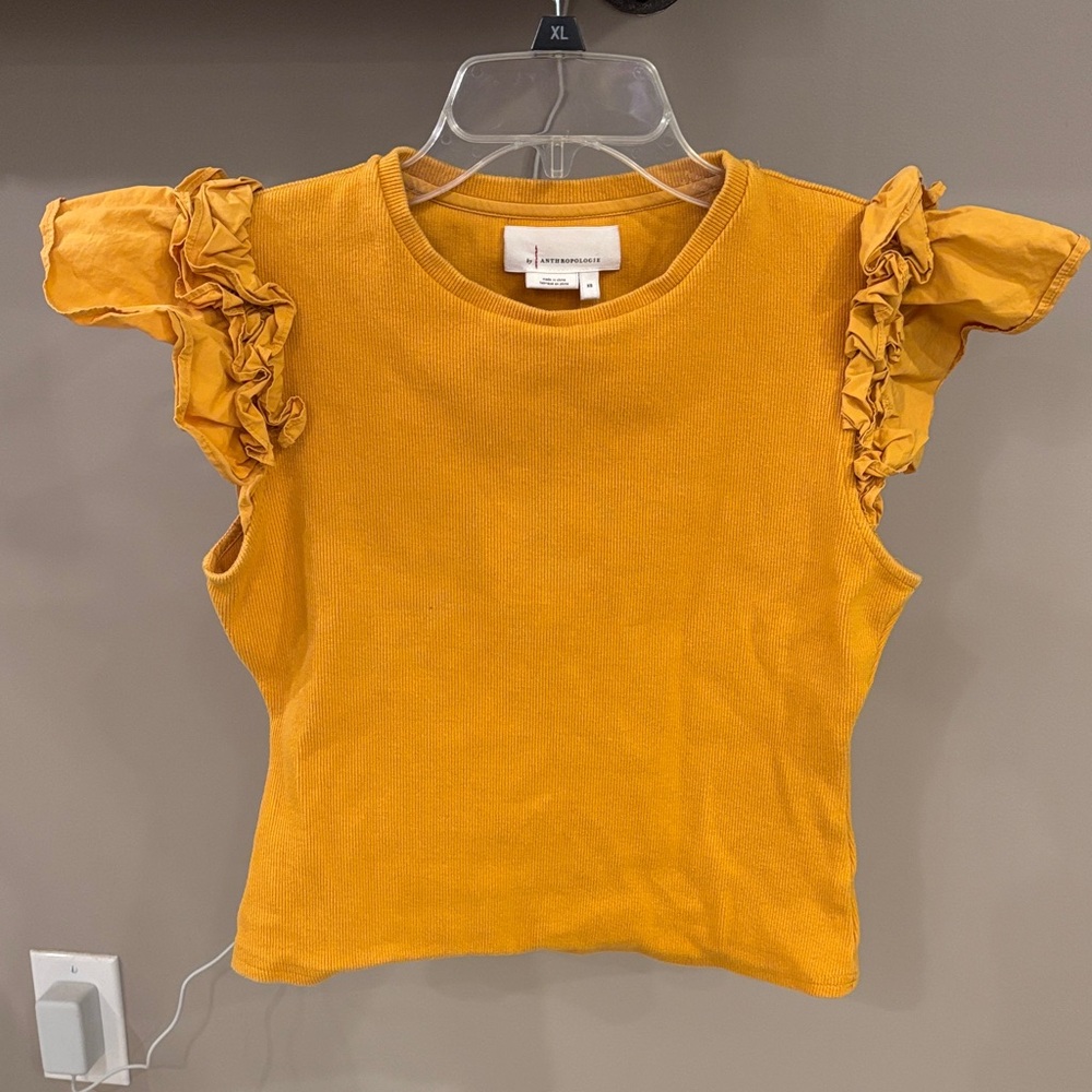 Anthro Anthropologie Ruffle Sleeve Ribbed Top Mustard Yellow XS